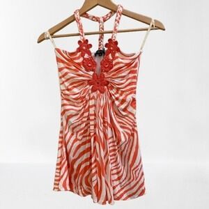 New Sky Halter Top Crochet‎ Braided V Neck Coral Stripe Small